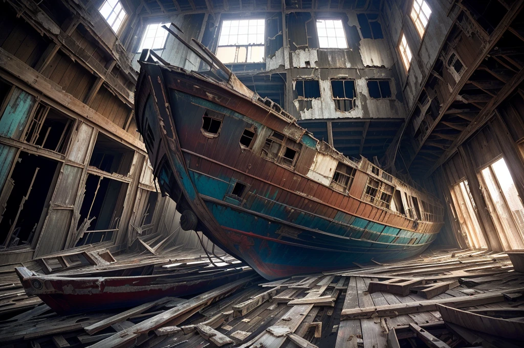 Arafad boat in a building with many windows, portrait of a Shipwreck, an abandoned old, 廢abandoned的, abandoned, urbanization photography, an abandoned, Shipwreck, 廢abandoned的 space ship, urbanization, abandoned spaces, photos of lost places, abandoned photograph, rot, urban exploration, shabby, abandoned places, old wooden ship , (low angle shot 1.8) ( Camera shot close to the ground 1.8 )