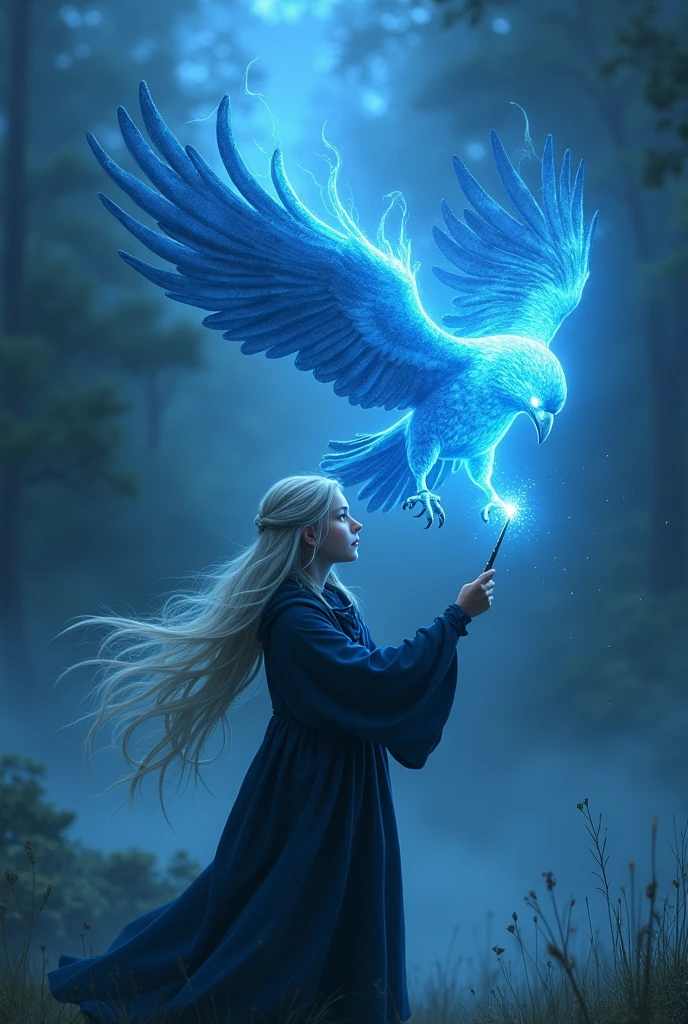 FLEUR DELACOUR HAS A twelve-year-old FLEUR with a patronus THE SPELL IS A BLUE LIGHT, GOD in the form of a raven coming out of his wand, emphasis on putting the patronus