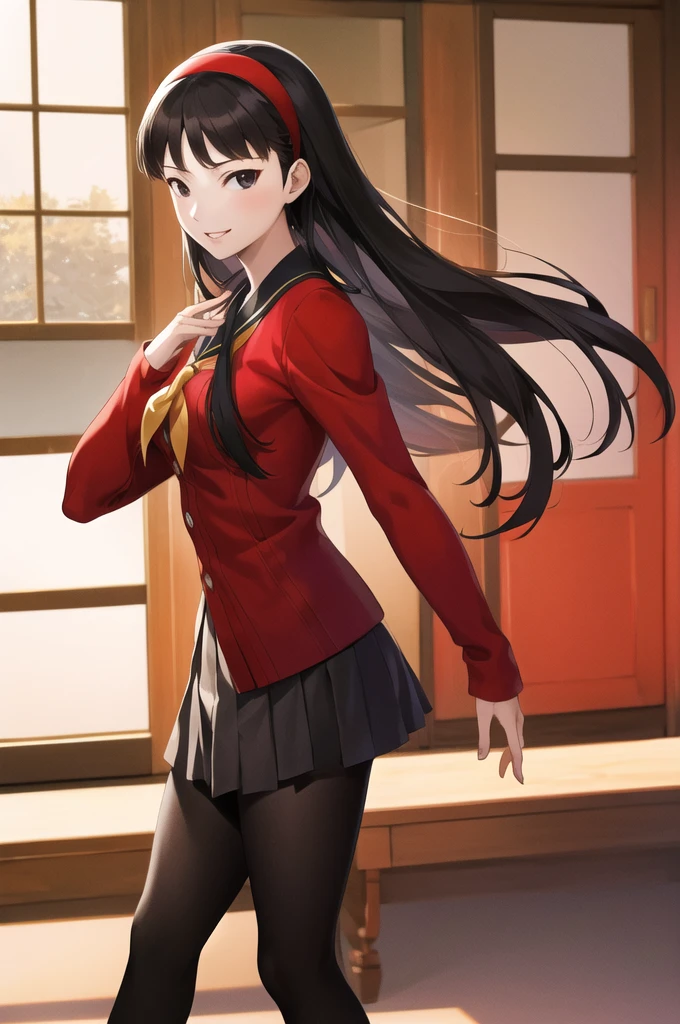 masterpiece, Highest quality, High resolution, yukiko, Long Hair, black eye,Red Hairband, school uniform, Red cardigan, Long sleeve, ,Black Pantyhose, Reduce the light,smile,room,With an anime-like touch,Turn off the highlights