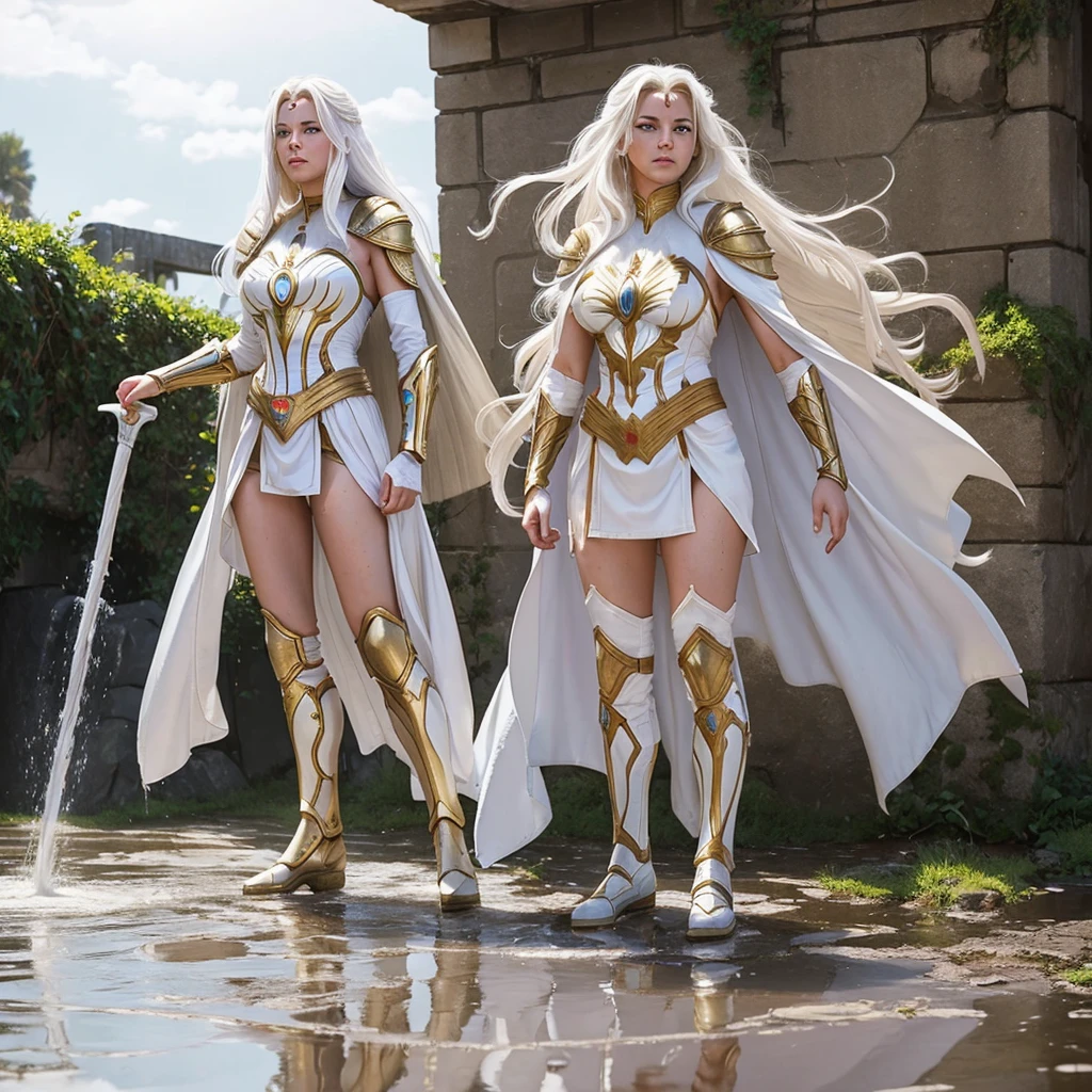 (((full body photo))) A beautiful warrior woman, with long white hair and yellow eyes, wearing white and gold dc comics Shazam armor with several yellow rays running across her body