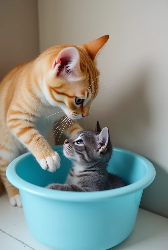A beige cat washes the blue kitten now inside a bath, because the blue kitten with blue fur is very brave.