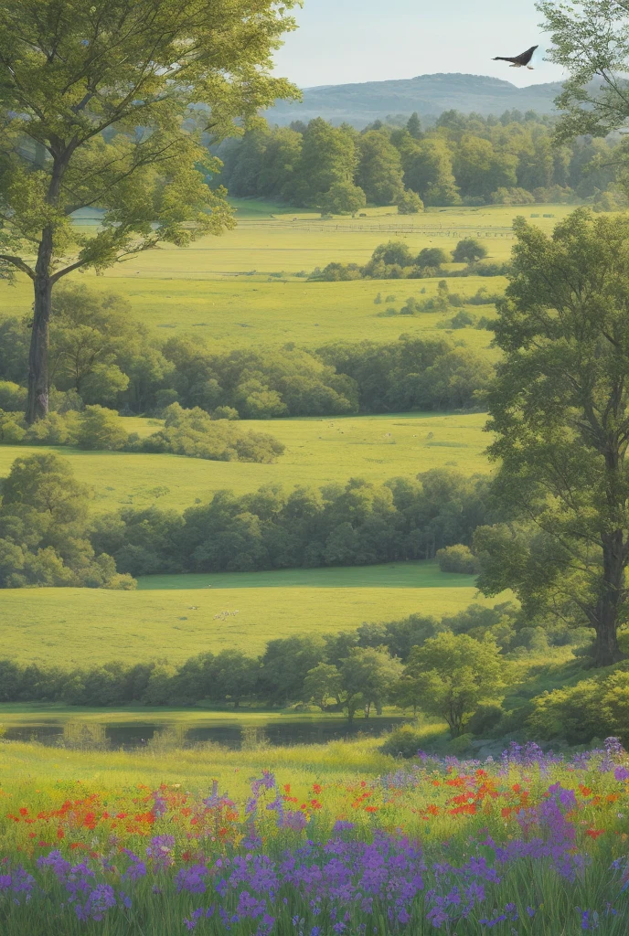 Create a serene and picturesque landscape background featuring a lush meadow with vibrant wildflowers in full bloom. Include a variety of trees with dense foliage to add depth and richness to the scene. In the background, add a few birds flying gracefully or perched on the branches to evoke a sense of tranquility and natural beauty. The overall mood should be peaceful and inviting, capturing the essence of a perfect day in nature.