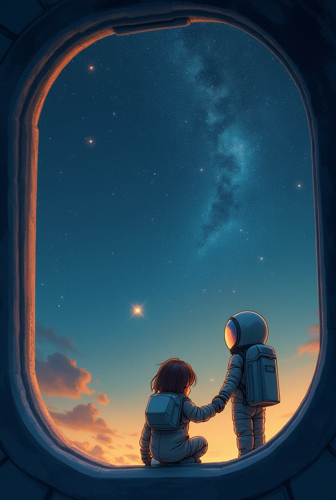 In space with twinkling stars、The Noah was looking out the window of her little spaceship.。She is traveling to the ends of the galaxy.、Infinite stars々I was fascinated by。Noah puts on his space suit、Unknown stars々I was excited about the adventure to。Every time she meets a new star、I felt my existence expanding.。