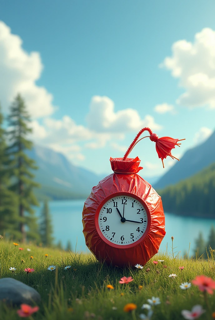 A ticking time bomb made of plastic bags, with the timer showing just a few seconds left. The background depicts a peaceful, untouched environment. Concept: The poster suggests that using plastic bags is like setting off a time bomb that will ultimately destroy the environment
