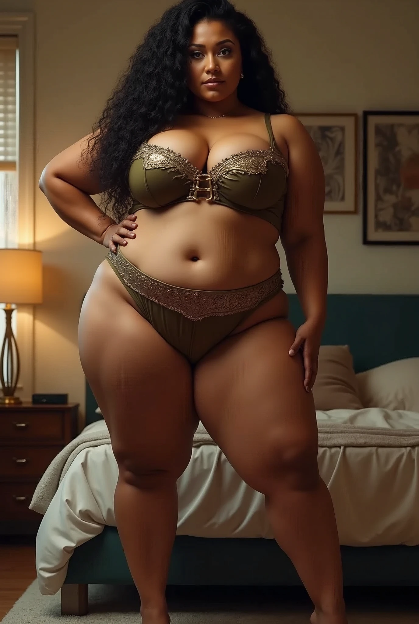 sexually inviting pose,bed room ,araffe woman in a sexy costume posing for a picture, thicc, thick body, thicc build, thick thigs, large thighs, hyperrealistic full figure, exaggeratedly large physique, massive legs towering over you, thick, beautiful thick female, powerful and huge, thick legs, thick thighs, wide hips, oppai proportions, pawg