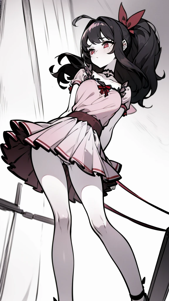 using pantimedies, wavy black hair, piercing look with deep red eyes, average stature, Silky hair with a ponytail hairstyle collected with a red bow with two white lines, with clothes, has a vagina, has breasts, cup of breasts, small breasts, slim, foreground, Session, sitting in her room, standing in his room, wearing pantyhose, using pantimedies, Picardias, short skirt, shoes, blouse with straps, blush, opening her legs making her panties visible, open legs, perfect white panty, Skirt fluttering in the wind, grabbing the skirt with both hands, from below, chubby thighs, big thighs, big ass