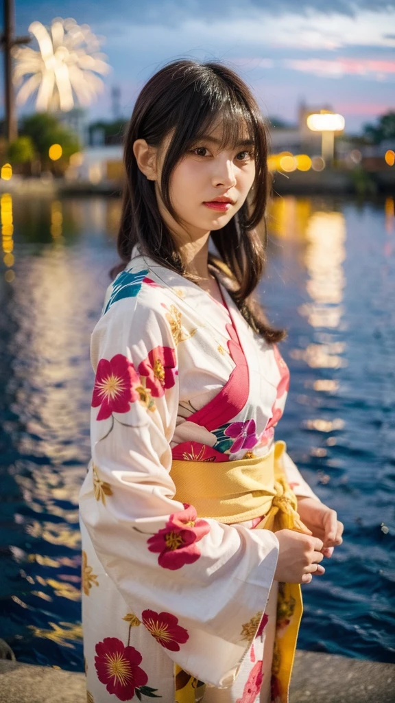 Masterpiece, best quality, ultra high resolution, hyper realistic, realistic, (photorealistic:1.4), masterpiece of analog film photograph a girl, long black hair, blunt bangs, taken by Hideaki Hamada using Pentax 67II and Kodak Portra, medium shot, looking to viewer, standing by a riverside at night, watching fireworks, She is dressed in a traditional, elegant yukata with a floral pattern and an obi sash, The background shows colorful fireworks lighting up the night sky, reflections on the water, and people in the background enjoying the festival, High-resolution, realistic depiction, with a touch of elegance and allure, anatomically correct