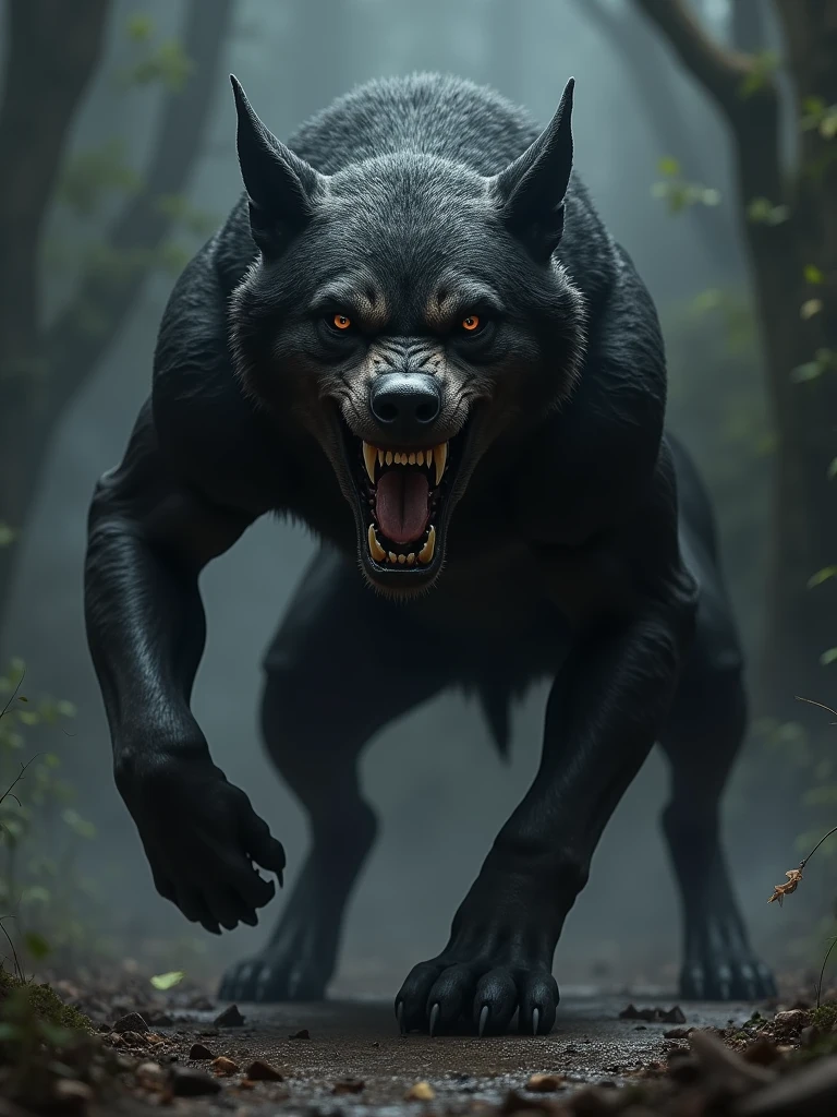 Create an image of a vicious dog with dull black fur and piercing eyes that convey coldness and malice. The dog must have a threatening posture, with visible teeth and a fierce expression. Your body should be tense and ready to attack., reflecting their aggressive and dangerous nature. The surrounding environment should accentuate your threatening presence, perhaps with deep shadows and a dark setting that amplifies the feeling of fear and unease."