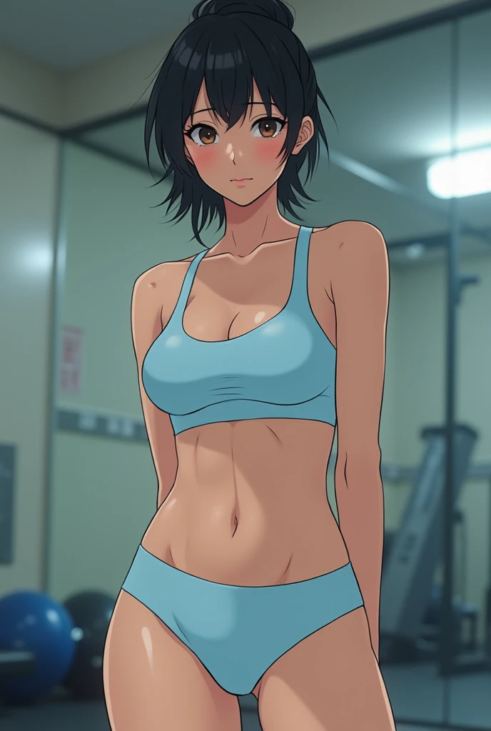 HIRAGUCHIP5, SHORT HAIR, GREY EYES, SPORTS BRA, YOGA PANTS, MIDRIFF, CLEAVAGE, 1girl, solo, upper body, facing viewer, (looking at viewer:1.5), in the center, smile