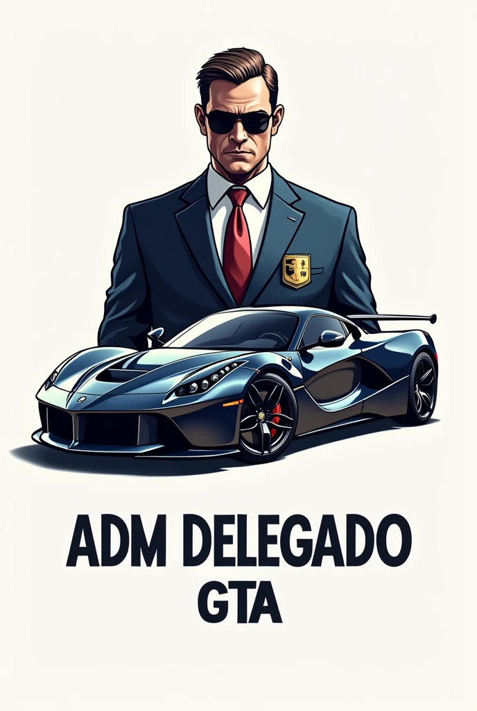 Create a logo with the name ADM DELEGADO GTA character with a luxury car behind 