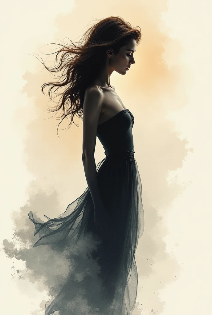 A stunning abstract art piece showcasing a feminine silhouette, painted with exquisite ink brush strokes. The artist masterfully captures the essence of motion and fluidity, highlighting the woman's curves and lines through a mesmerizing interplay of light and shadow. The background is composed of a harmonious blend of neutral tones, providing a serene backdrop for the central subject to stand out and captivate the viewer. This artistic masterpiece embodies a sense of tranquility and serenity, inviting onlookers to delve into the abstract beauty it presents.