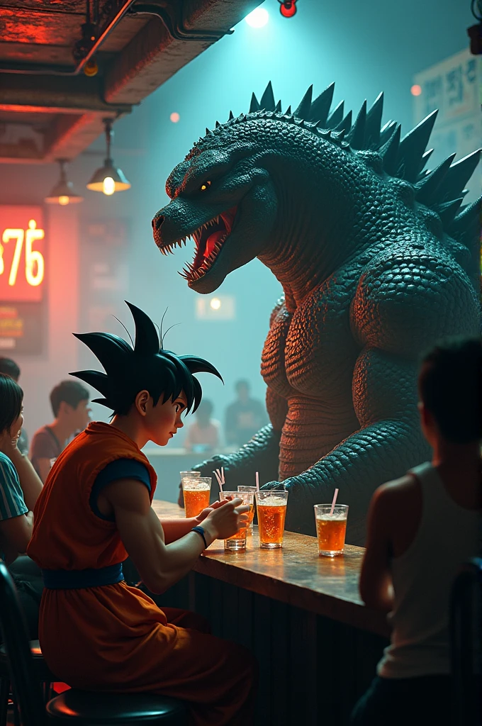 Images of Goku and Godzilla drinking in a bar