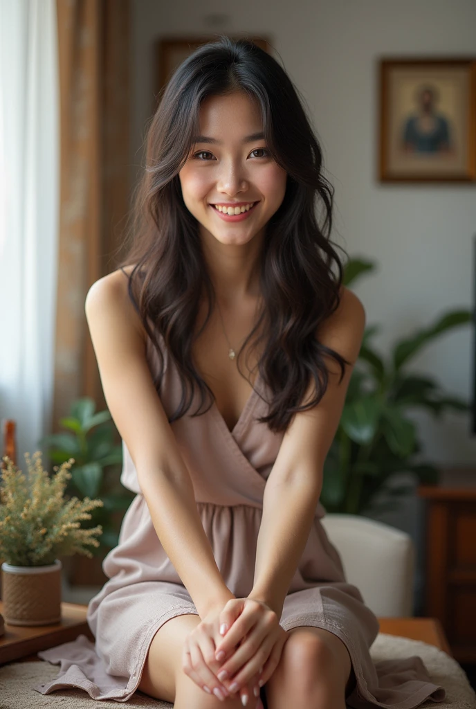 Beautiful Asian girl sitting on desk