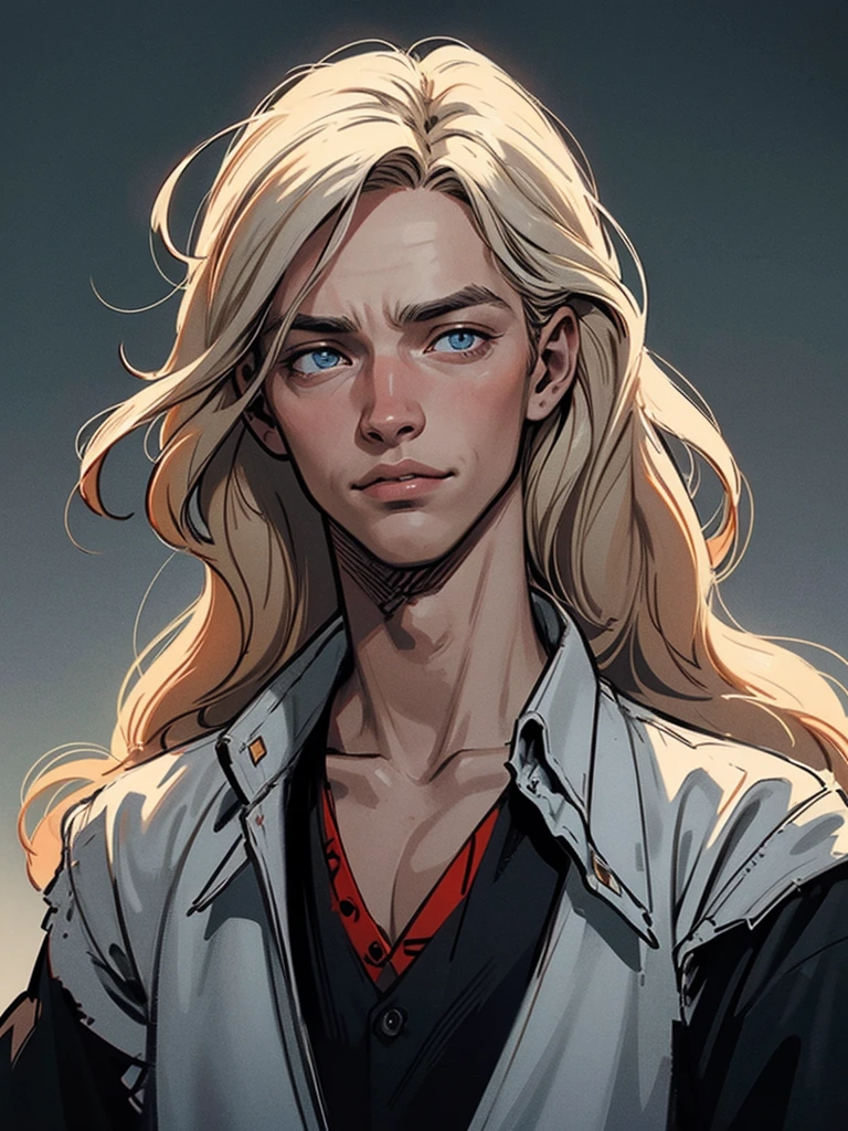 ((adult male)) (male), handsome man, perfect face, evil smile, crazy, crazy, gray coat, black suit, one adult man, beautiful long straight platinum hair, blonde hair, blue eyes, white Victorian shirt, beautiful face, straight blonde hair, (long hair), Hair in detail, by vergvoktre, dramatic, harsh, tense, distorted face, nightmare, complex details, over-detailed, cinematic, dark shot, film grain, soothing tones, muted colors, technicolor BREAKTHROUGH outdoors, twilight, breakthrough in ray tracing, D4RK4RT art style, monochrome, shades of gray