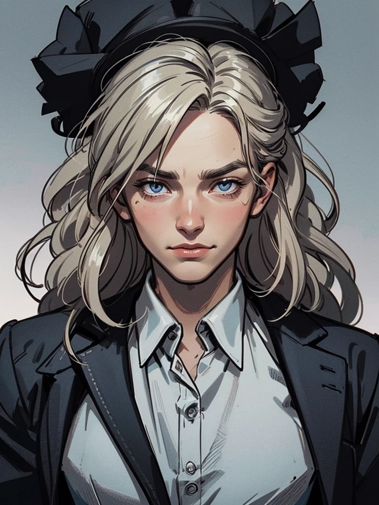 ((adult male)) (male), handsome man, perfect face, evil smile, crazy, crazy, gray coat, black suit, one adult man, beautiful long straight platinum hair, blonde hair, blue eyes, white Victorian shirt, beautiful face, straight blonde hair, (long hair), Hair in detail, by vergvoktre, dramatic, harsh, tense, distorted face, nightmare, complex details, over-detailed, cinematic, dark shot, film grain, soothing tones, muted colors, technicolor BREAKTHROUGH outdoors, twilight, breakthrough in ray tracing, D4RK4RT art style, monochrome, shades of gray