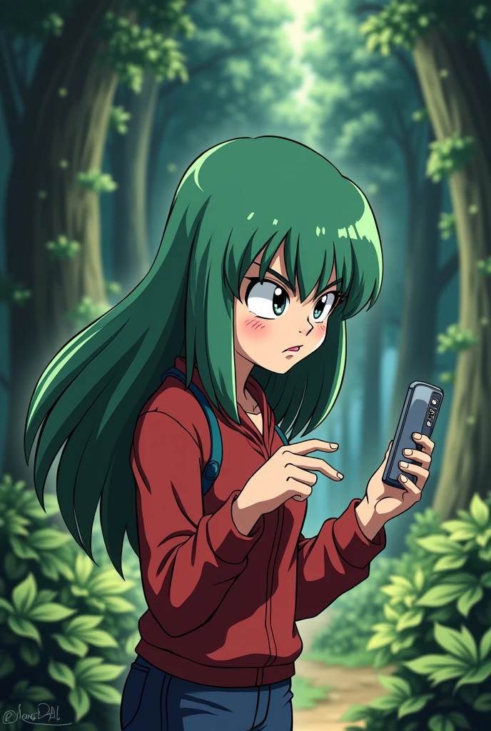 Create an illustration of Bulma from Dragon Ball, walking through a dense forest while looking down at the Dragon Radar in her hand. Bulma should have an intense and focused expression: her eyes are wide open and concentrated, with slightly narrowed pupils, and her eyebrows are furrowed, showing determination. Her body is slightly leaned forward, and the Dragon Radar is close to her face, emitting a soft glow. One hand is holding the radar, while the other is either gesturing or moving a branch out of the way. The forest around her is lush and green, with soft natural light filtering through the trees.