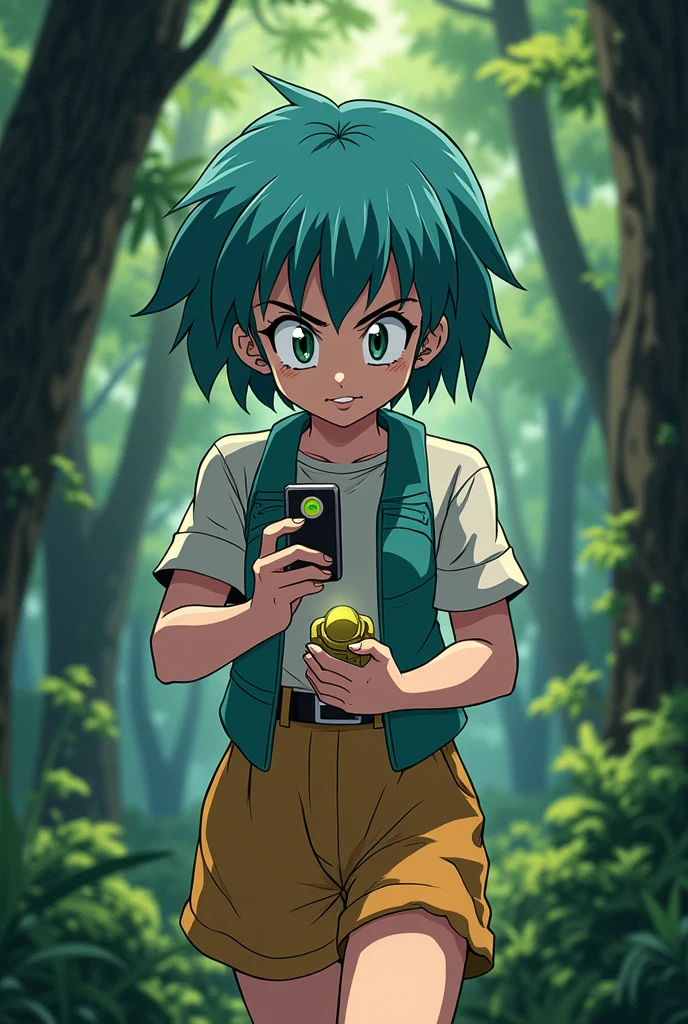 Create an illustration of Bulma from Dragon Ball, walking through a dense forest while looking down at the Dragon Radar in her hand. Bulma should have an intense and focused expression: her eyes are wide open and concentrated, with slightly narrowed pupils, and her eyebrows are furrowed, showing determination. Her body is slightly leaned forward, and the Dragon Radar is close to her face, emitting a soft glow. One hand is holding the radar, while the other is either gesturing or moving a branch out of the way. The forest around her is lush and green, with soft natural light filtering through the trees.