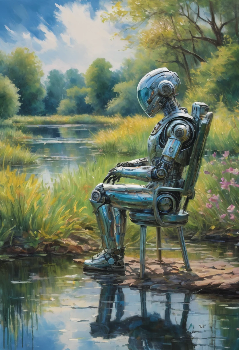 (A metallic cyborg:1.8), (Claude Monet Style:1.3), The image depicts a tranquil landscape following the principles of the Impressionist era, A metallic cyborg sits in a chair on a softly lit lawn, Holding an easel, Concentrate on capturing the beauty of the pond, The sky is painted with brilliant colors, blue color, Swirls of green and yellow depict the fleeting moments typical of nature, This is a hallmark of the Impressionist movement, Hands busy painting a landscape with bright watercolor pens on a canvas, Represents from the elements