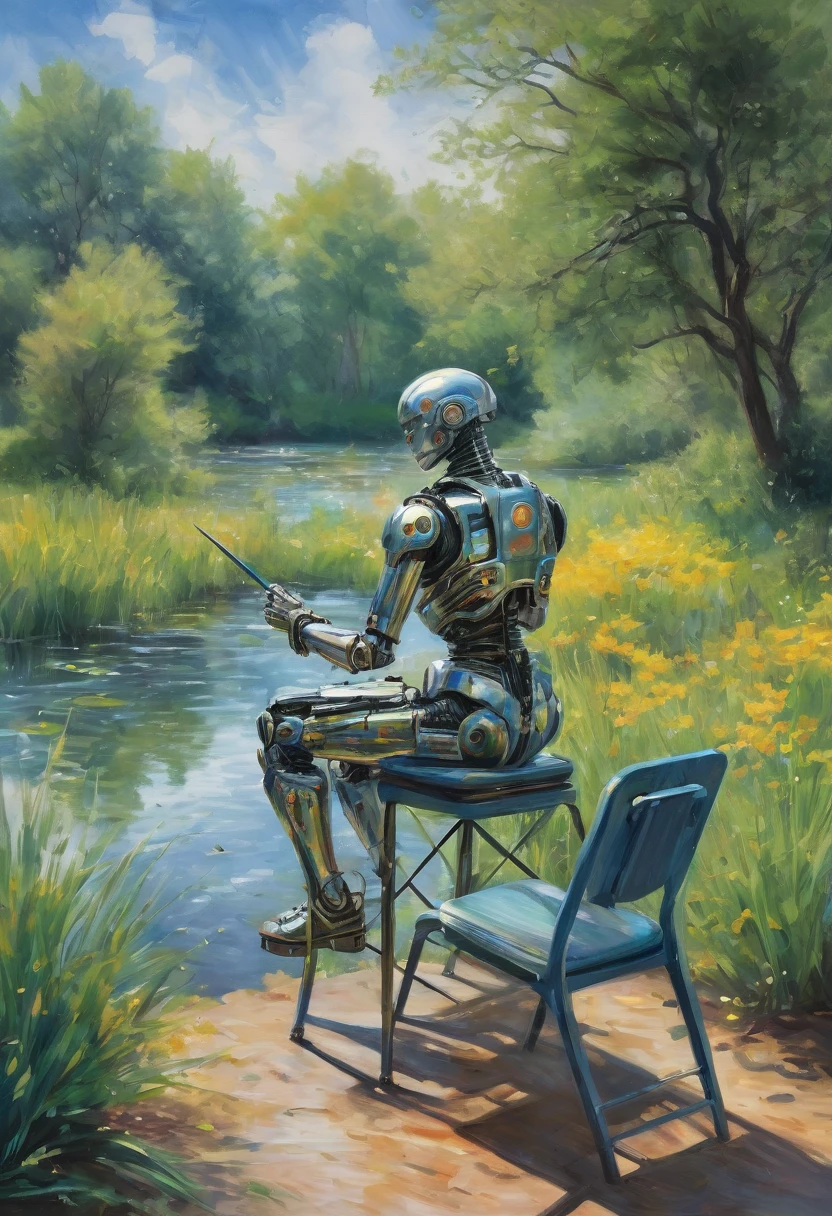 (A metallic cyborg:1.8), (Claude Monet Style:1.3), The image depicts a tranquil landscape following the principles of the Impressionist era, A metallic cyborg sits in a chair on a softly lit lawn, Holding an easel, Concentrate on capturing the beauty of the pond, The sky is painted with brilliant colors, blue color, Swirls of green and yellow depict the fleeting moments typical of nature, This is a hallmark of the Impressionist movement, Hands busy painting a landscape with bright watercolor pens on a canvas, Represents from the elements