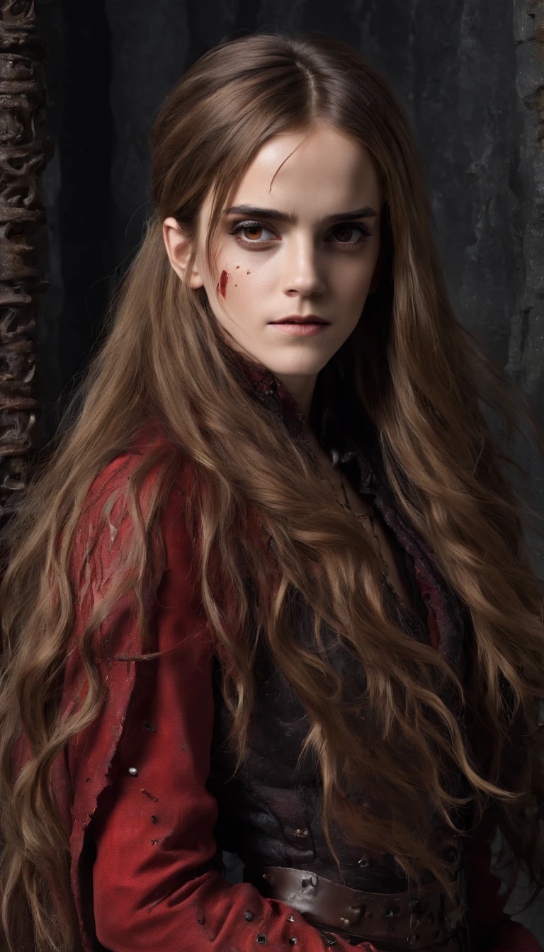 ((Emma Watson)) dressed as a torn and tattered red slave, (Sexy slave) in chains in the stone cold, dark and scary, fantasy
(Long Hair:2.0), mystical creatures lurking in the shadows