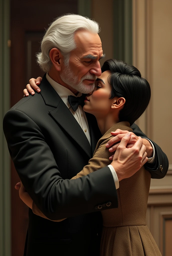 Damaso hugs Martin Rivas as if he were his father. NO KISSES. They are father and son Martin has his face on Mr. Dámaso&#39;s shoulder. THEIR FACES DO NOT TOUCH, They are far away Damaso: very rich and kind old man. Wear an expensive suit Martin Rivas: young man in humbler clothes but well dressed