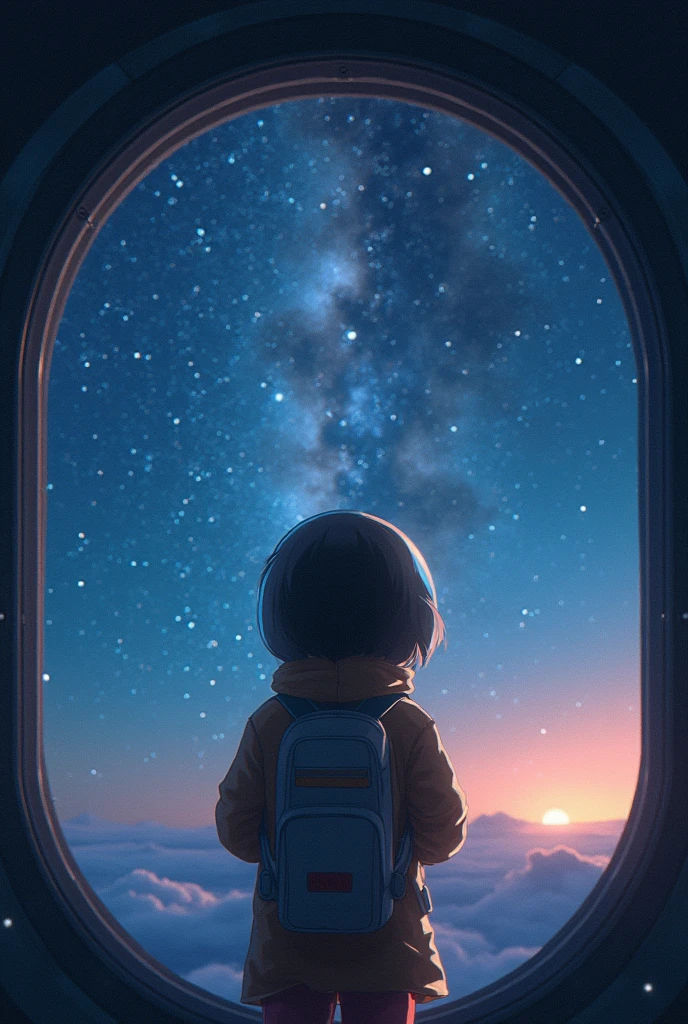 Super detailed: 1.2、Deep writing depth: 1.2、((Panorama, center, masterpiece, Highest quality: 1.2))、 (8k, RAW Photos, Highest quality), ((masterpiece:1.2)), Ultra-high resolution, アニメアート壁紙 8k、 (1 girl、Back view), In space with twinkling stars、The  Noah was looking out the window of her little spaceship.。She is traveling to the ends of the galaxy.、Infinite stars々I was fascinated by。Noah puts on his space suit、Unknown stars々I was excited about the adventure to。Every time she meets a new star、I felt my existence expanding.。