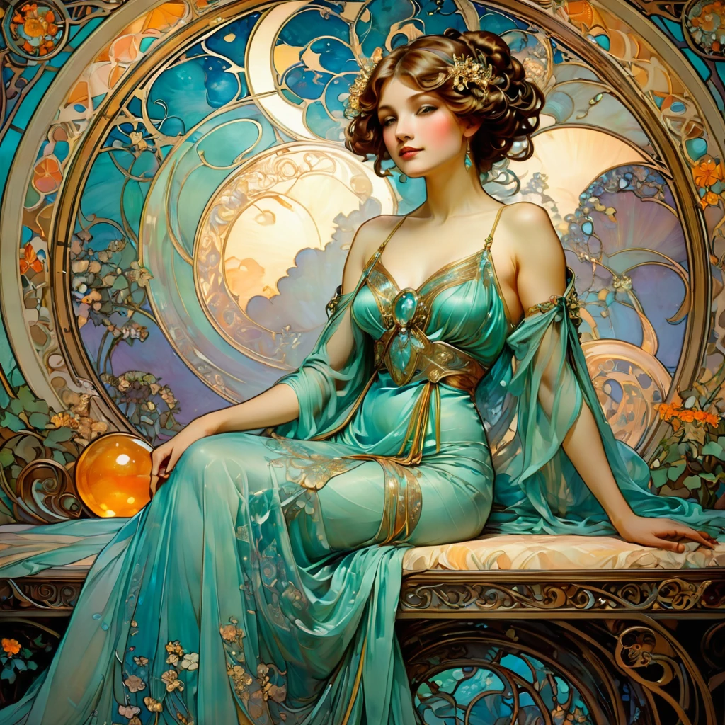 evening gown, celebration, by alphonse mucha, best qualityer, work of art, very aesthetic, perfect composition, details Intricate, ultra detali