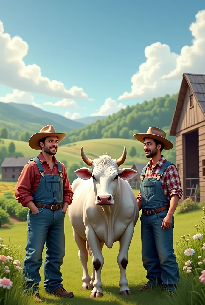 I need to two farmer and white cow. Background is agriculture farm.