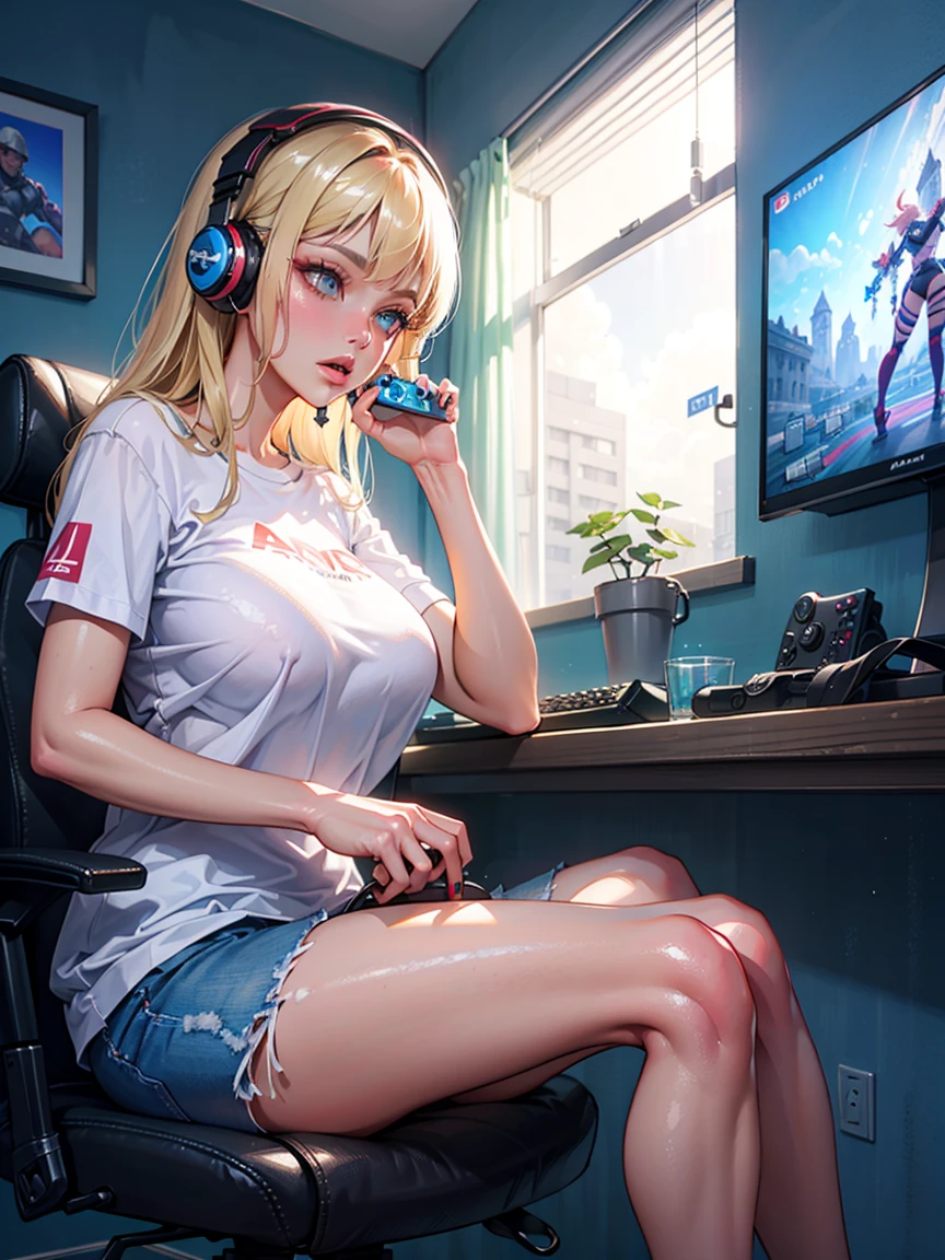 score_9, score_8_up, score_7_up, score_7, score_6_up, score_5_up, (reij-2pcsprtypy, a woman wearing reij-2pcsprtypy ) sitting on the bed, huge TV, video game controller, headset, legs apart, playing video games, low angle