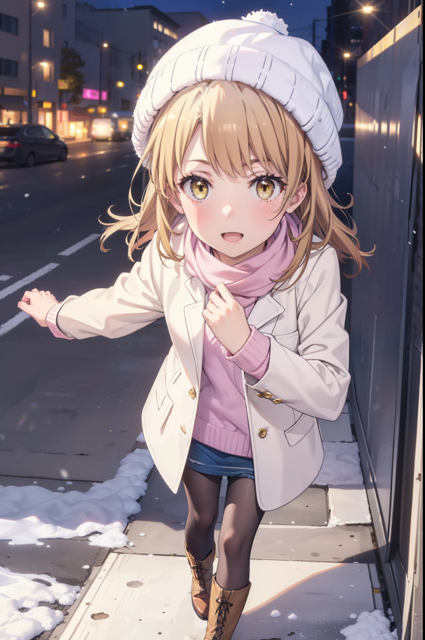 Irohaisshiki, isshiki iroha, Long Hair, Brown Hair, (Brown eyes:1.5), smile,Open your mouth,White Breath,low twin tail,Knitted hat,White scarf,Yellow long coat　Open front,Pink v-neck sweater,Short denim,Black pantyhose,short boots,Walking,snowが降っている,snowが積もっている,moon,night,snow,snow,snow,snow,whole bodyがイラストに入るように,　　　　　　　　　break outdoors, Building district,
break looking at viewer,whole body,
break (masterpiece:1.2), Highest quality, High resolution, unity 8k wallpaper, (figure:0.8), (Beautiful attention to detail:1.6), Highly detailed face, Perfect lighting, Highly detailed CG, (Perfect hands, Perfect Anatomy),