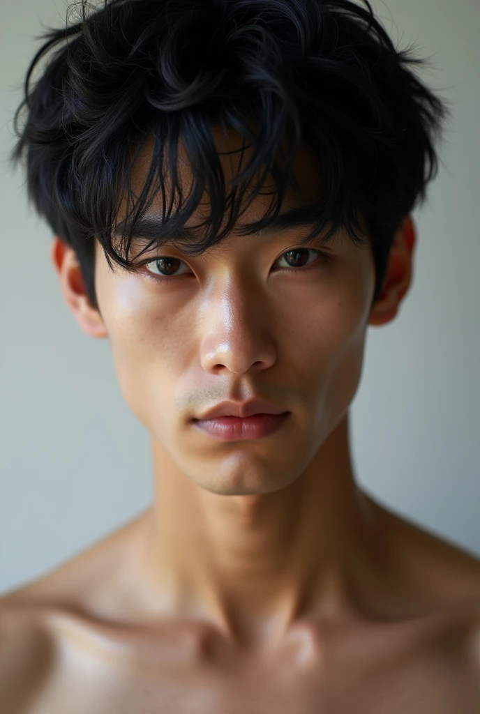 Japanese Male Model　Cool 18 year old　Short black hair　Slim and muscular　Fierce　Bright screen　Close-up image