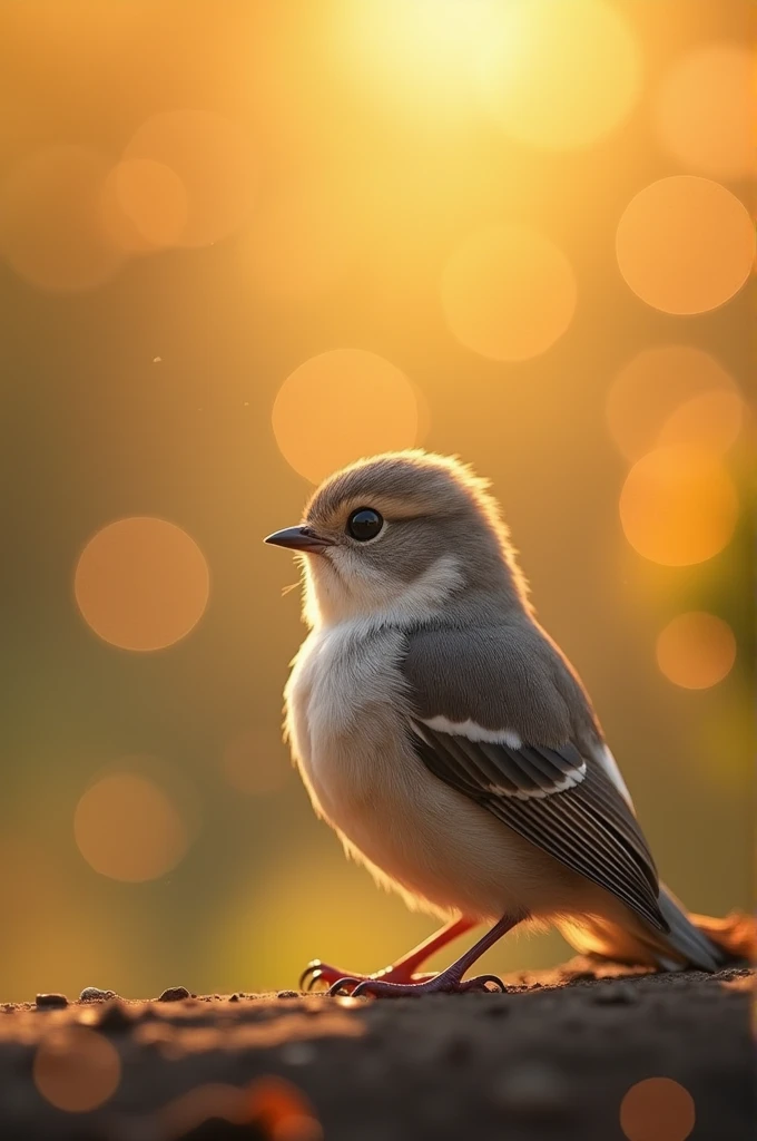 A mesmerizing close-up portrait of a gorgeous little bird illuminated by the soft, golden light of a tranquil morning, with vibrant bokeh balls gently framing its delicate form.
