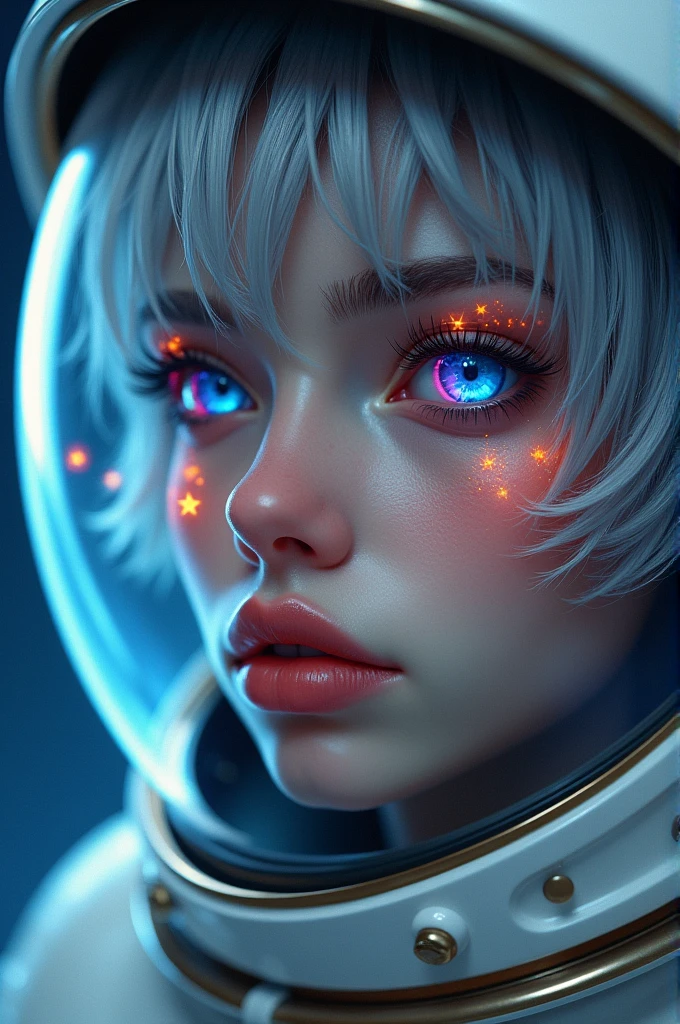 (Close-up of a better masterpiece:1.5)0.9], (Space and astronauts:1.2) (Messy silver hair:1.1) (Heterochromia xanthochromia and blue eyes:1.2) (Space Helmet:1.0) (Colored stars in the eyes:1.0) (A radiant glow:1.1) (thick lips:0.9)