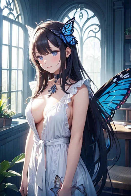 Sleepy eyes, goddess, a girl, just woke up, coming out of cocoon, butterfly wings