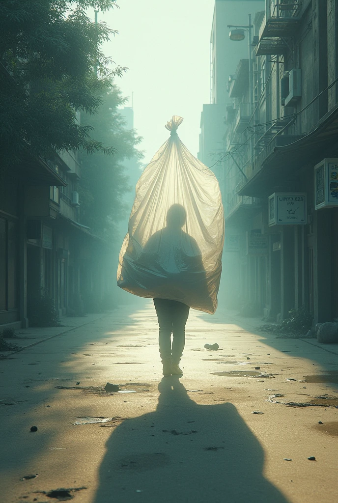 A plastic bag is depicted as a shadow following someone everywhere they go – to the beach, the forest, the city streets. The shadow never leaves, symbolizing the long-lasting presence of plastic