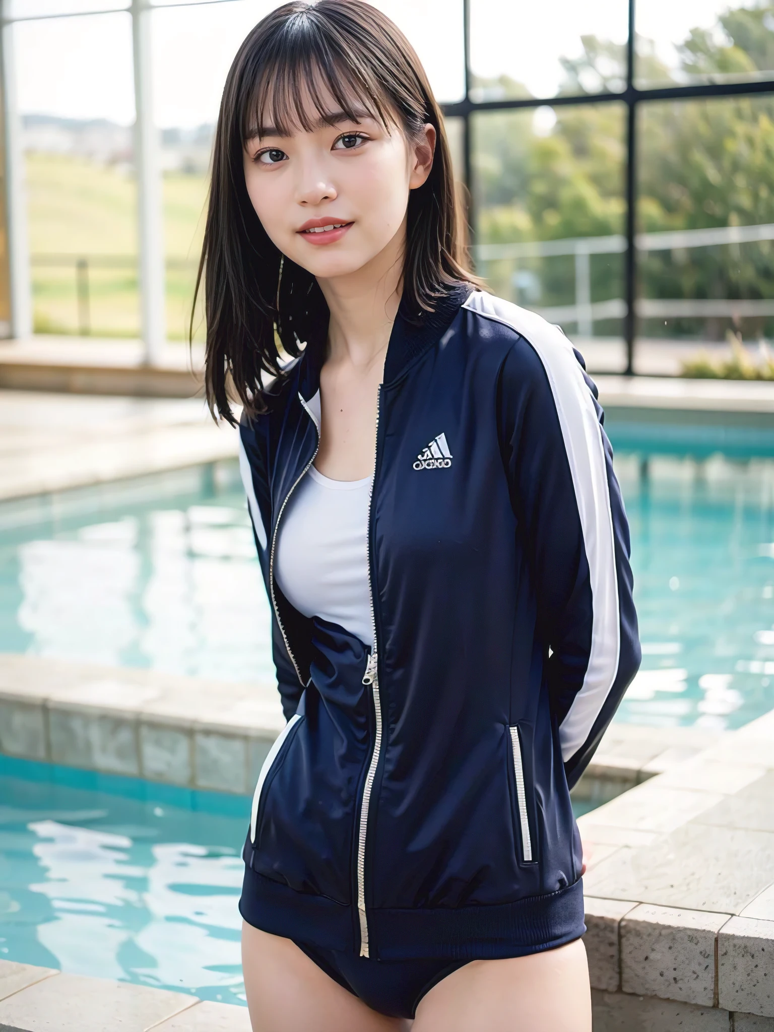 1girl, 25 years old woman, Beautiful Japanese woman, shirokoswimsuit, one-piece swimsuit, ((competitive swimsuit)), ((Track jacket)), ((A beautiful girl wearing a front zipper Track jacket over a competitive swimsuit looks at me)), ((Wear the front zipper Track jacket with the front open)), (((front zipper Track jacket))), ((Place your hands behind your back)), (perfectly detailed face), Small breasts, medium breasts, large breasts, cute face, beautiful face, Idol-class cuteness, White skin, accurately drawn face, slender, healthy thighs, wet skin, shiny, In the indoor swimming pool, precise fingers, exact limbs, ((looking at viewer)), smile, Indoor, (bright lighting:1.2), perfect lighting, Standing by the pool, photorealistic, (bokeh), feet out of frame, UHD, anatomically correct, highres, accurate, textured skin, highres