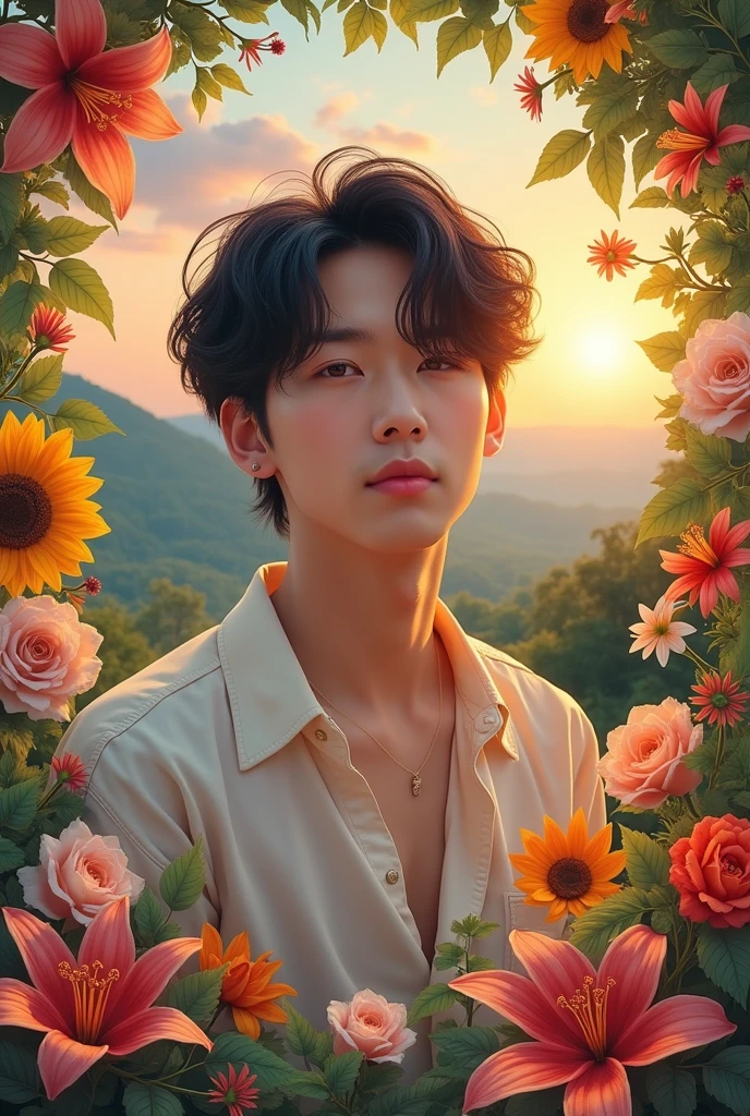 Make me a photomontage of BTS&#39;s Jungkook with beautiful flowers on the sides, and in the background, nature and sunset 