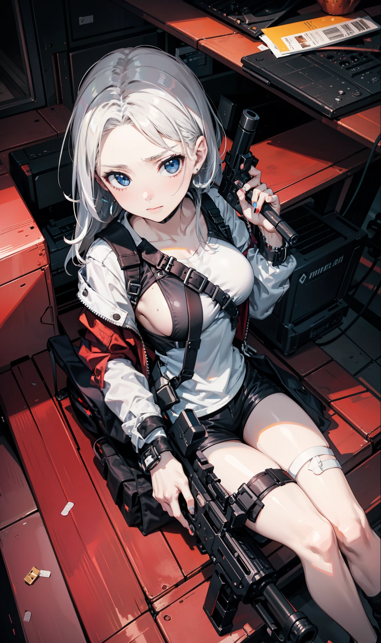 1girl, solo, long hair, breasts, looking at viewer, bangs, blue eyes, shirt, long sleeves, holding, jewelry, medium breasts, sitting, closed mouth, collarbone, jacket, white shirt, weapon, white hair, earrings, open clothes, shorts, indoors, off shoulder, nail polish, holding weapon, open jacket, gun, short shorts, thigh strap, from above, black shorts, between breasts, holding gun, bandaid, rifle, handgun, bandaid on face, assault rifle, trigger discipline, harness, bandaid on nose