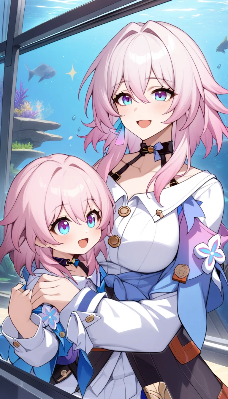 mother and daughter, age_difference,size_difference, two girl huge each other, masterpiece, best quality, very aesthetic, absurdres, ,mature mother and cute daughter, march 7th \(honkai: star rail\), honkai: star rail, pink hair, shirt, jacket, medium hair, white shirt, blue eyes, long sleeves, breasts, choker, black choker,in aquarium,floating_clothes,