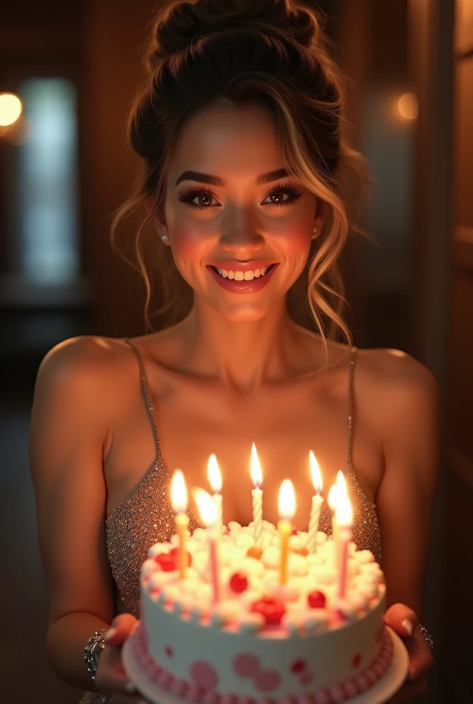 Closeup,large mammary glands, holding birthday cake to viewer ,candles on cake,face illuminated by candles,party room,Close up ,smiling,Invisible black background, picture of cute young girl facing the viewer,revealing party dress,heavy eye makeup,young Caucasian girl,bokeh, looks like xxxxx ,looks like like xxxxx,stylish brown hair with blonde highlights ,wedding hairstyle,ultra HD,intricate details,3d render,hyper maximalist,