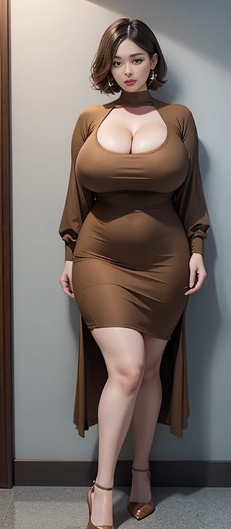 woman in brown dress and shorts hairstyle Leaning against the wall of the dark room, wearing a polite brown clothes , hijab outfit, with a long brown dress , longest dress fashion model, plus size, plus size woman, wearing brown longest dressed , woman in brown longest dress , beautiful Indonesia woman, thicc, brown outfit,, wearing a brown robe, brown , with longest hand clothes , bbwchan, large cleavage, very large cleavage, massive cleavage , wearing a sneakers, 35 years old woman, asian women , short hair , full body, thick neck , massive thighs , thick cheeks , Indonesian goddess