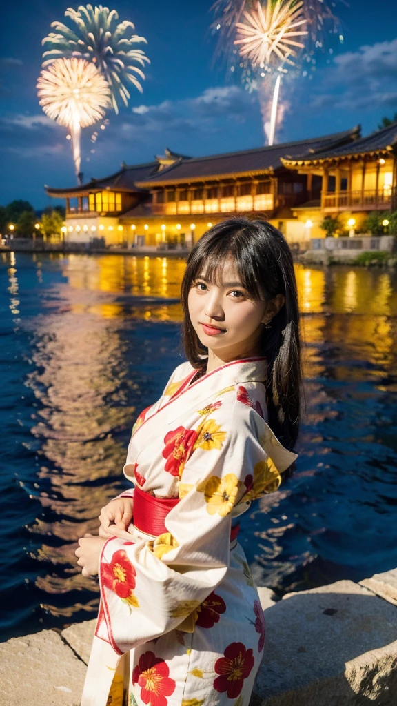 Masterpiece, best quality, ultra high resolution, hyper realistic, realistic, (photorealistic:1.4), masterpiece of analog film photograph a girl, long black hair, blunt bangs, taken by Hideaki Hamada using Pentax 67II and Kodak Portra, medium shot, looking to viewer, standing by a riverside at night, watching fireworks, She is dressed in a traditional, elegant yukata with a floral pattern and an obi sash, The background shows colorful fireworks lighting up the night sky, reflections on the water, and people in the background enjoying the festival, High-resolution, realistic depiction, with a touch of elegance and allure, anatomically correct