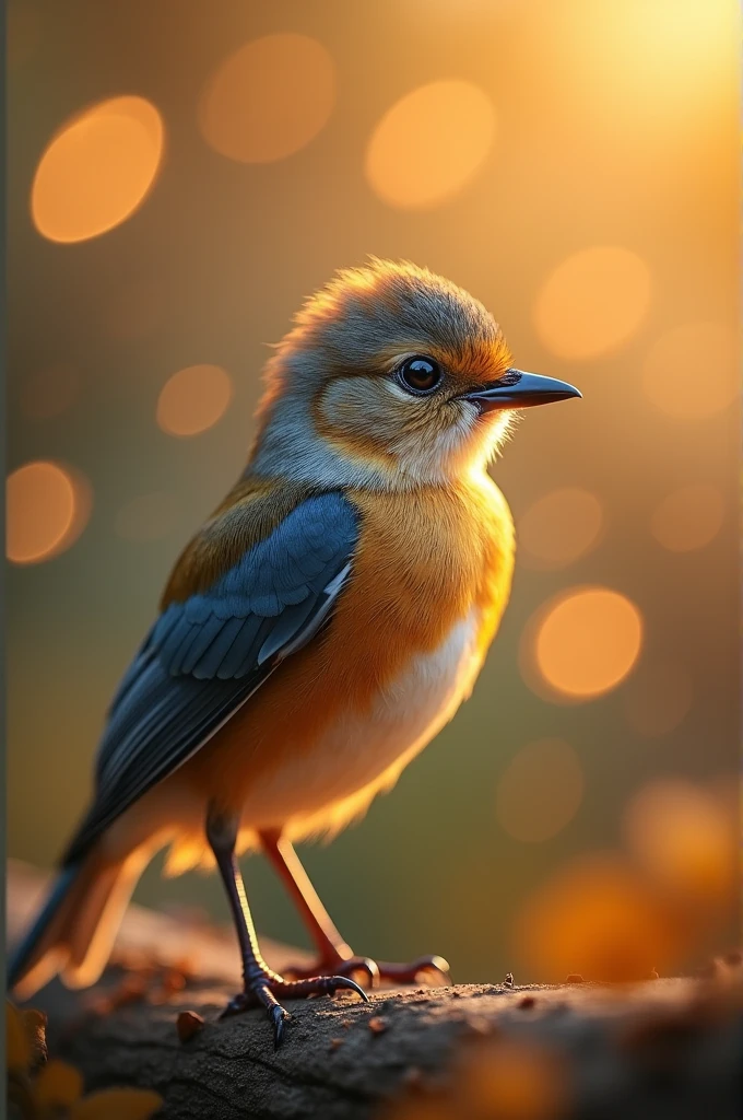 A mesmerizing close-up portrait of a gorgeous little bird illuminated by the soft, golden light of a tranquil morning, with vibrant bokeh balls gently framing its delicate form.