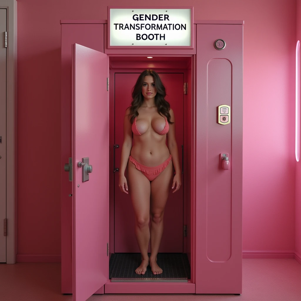 A man walks into a gender transformation booth and emerges as a sexy naked woman with colossal breasts. (She is shocked:1.3). The machine is large and pink and has a sign that says “gender transformation booth”