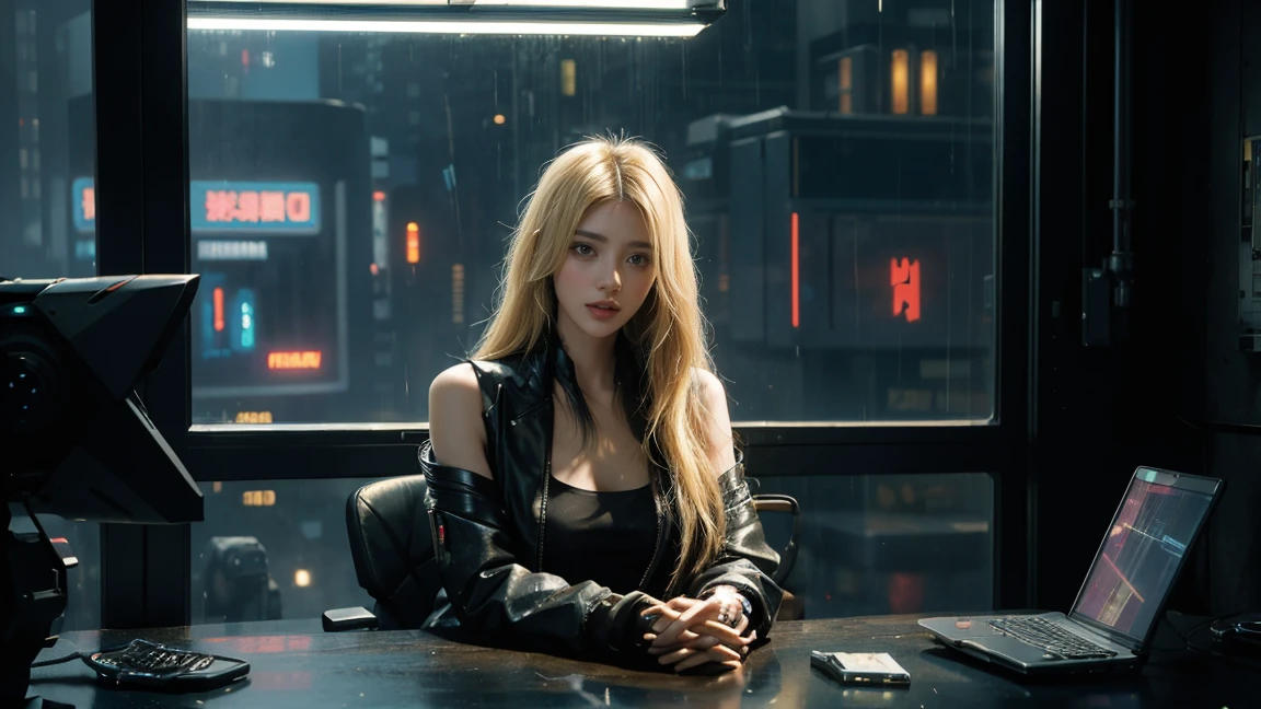 Beautiful, long-haired, beautiful-eyed, slender, blonde woman sitting in an office. ((cyberpunk style)), high-tech city, machine-enhanced, (high-tech fantasy), robotics, 3D games, Blade Runner 2049, Ghost in the Shell, realistic rain, near-future, neon,