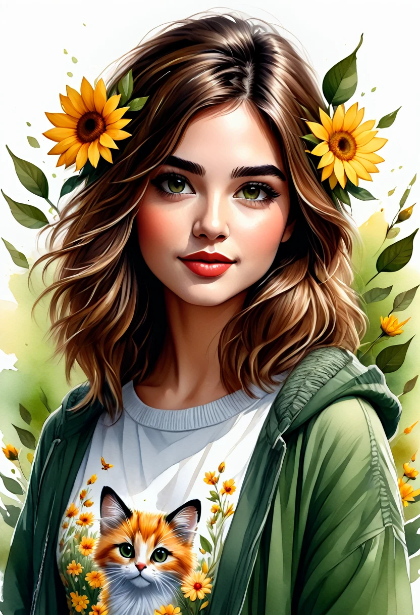Uma ilustracao em aquarela de uma mulher com uma flor na mão e um suéter verde, realistic bonitinho girl painting, bonitinho art style, bonitinho detailed artwork, beautiful estilo de desenho, bonitinho illustration, bonitinho digital art, bonitinho detailed digital art, ilustração serena, bonitinho artwork, bonitinho drawing, com cara de flor, tendências em arte, estilo de desenho, bonitinho cartoon, 🍁 bonitinho, ilustração de estilo cartoon