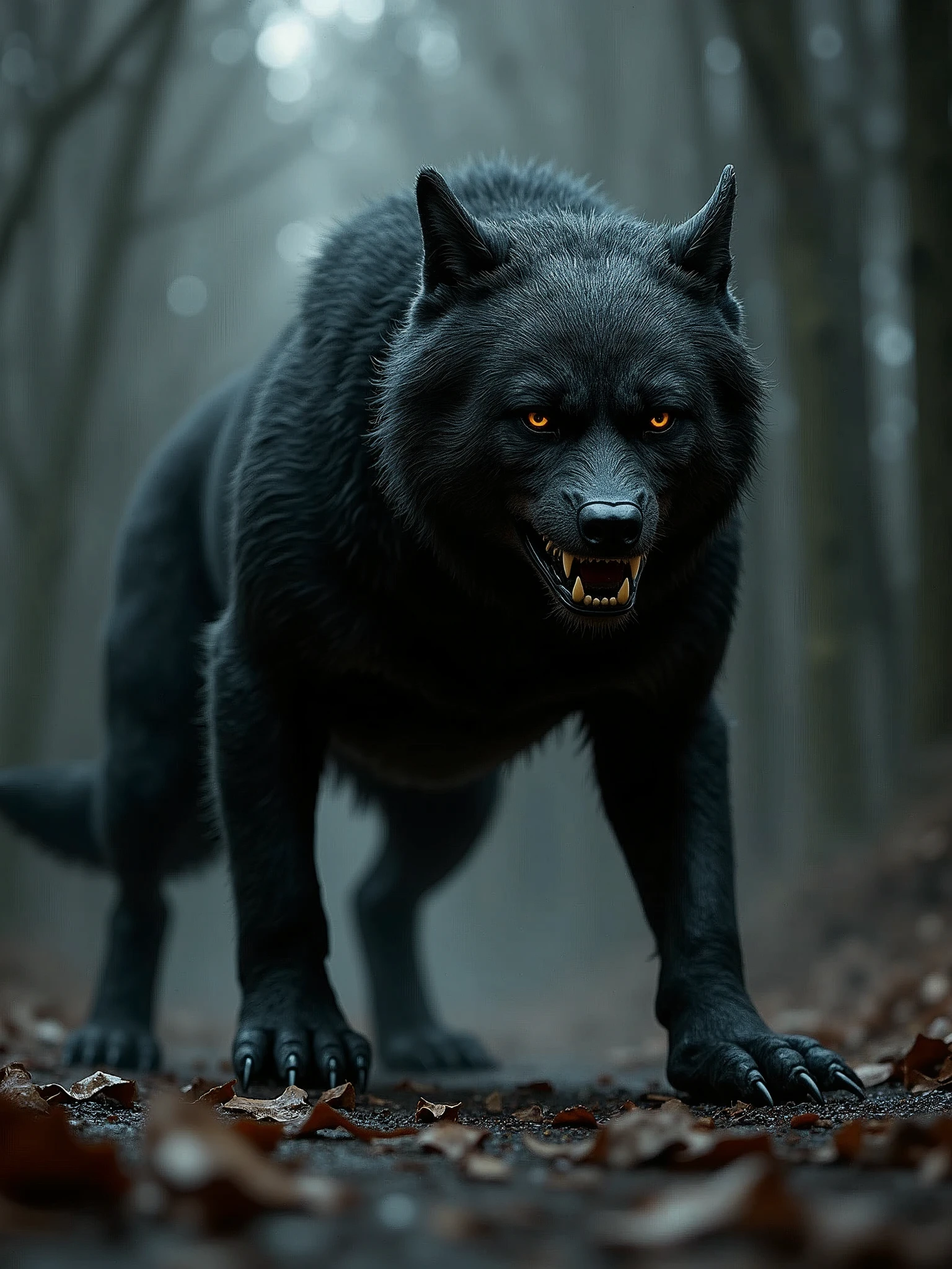 Create an image of a vicious dog with dull black fur and piercing eyes that convey coldness and malice. The dog must have a threatening posture, with visible teeth and a fierce expression. Your body should be tense and ready to attack., reflecting their aggressive and dangerous nature. The surrounding environment should accentuate your threatening presence, perhaps with deep shadows and a dark setting that amplifies the feeling of fear and unease."