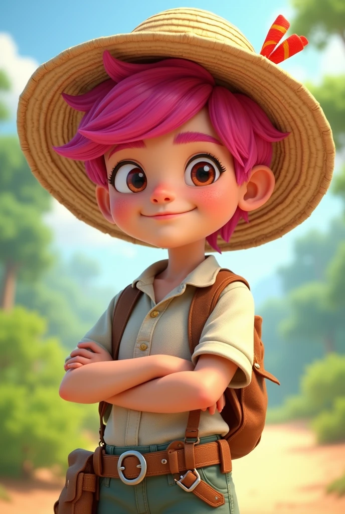 Boy with confident smile, wearing a straw hat that has a colorful ribbon. Her pink hair shines in the sun, and he wears a short-sleeved shirt and light pants, both in light tones. Para completar o visual, he may have a belt around his waist that holds small adventure tools.