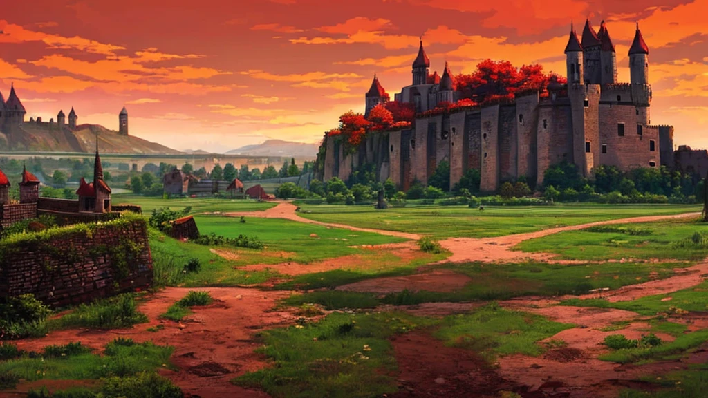 The land is infected with the curse of red color. A ruined village and a castle in the distance.