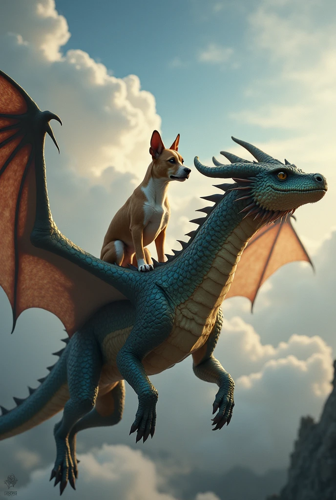Dog sitting on the back of a flying dragon 